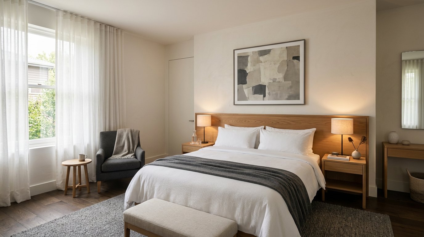 Deluxe bedroom with crisp linen and warm lighting