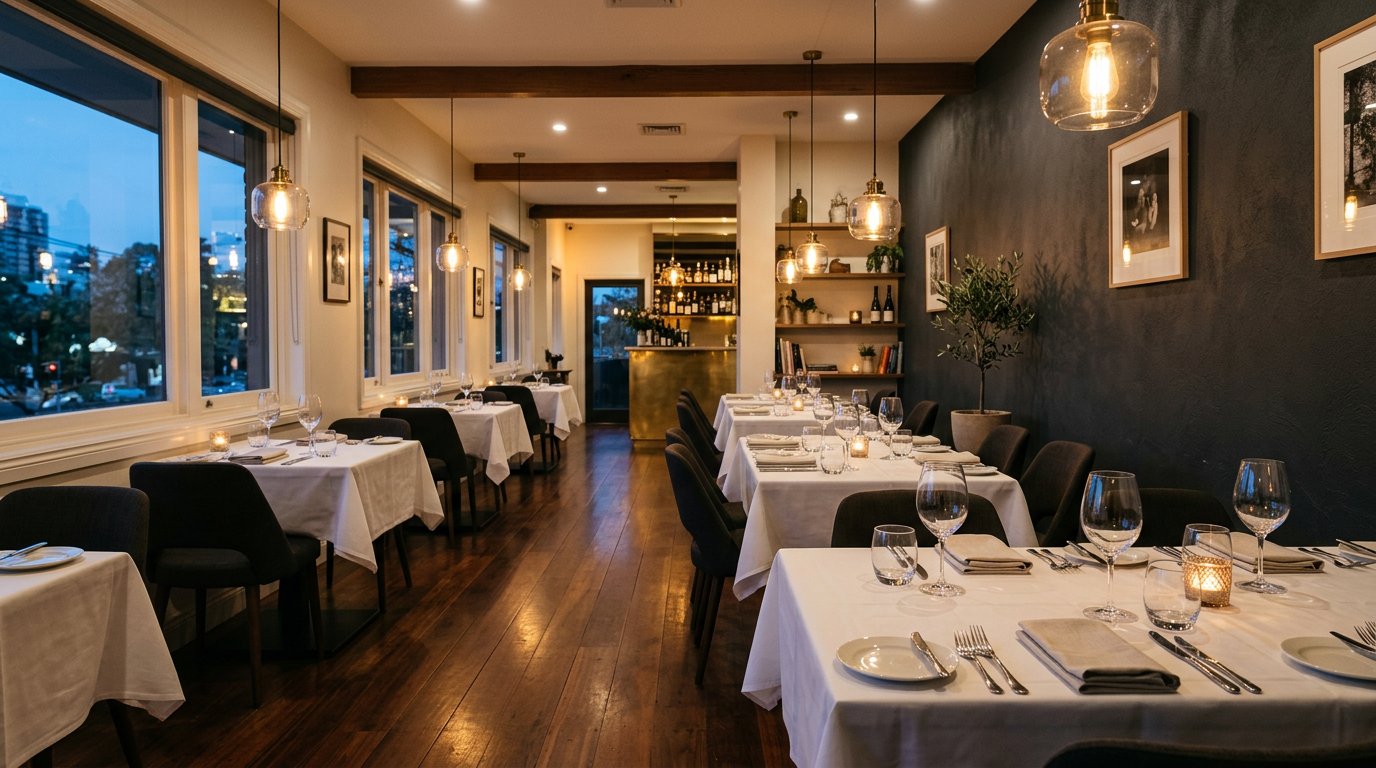 Hotel dining room set for dinner